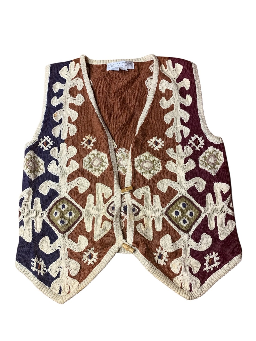 Vintage Rebecca Stone Tribal Geometric Knit Vest - Size M - Boho Earth Tones